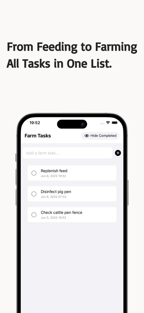 Livestock Manager-Farm Records - Livestock Manager app interface showing a farm tasks checklist including feed replenishment and pen maintenance