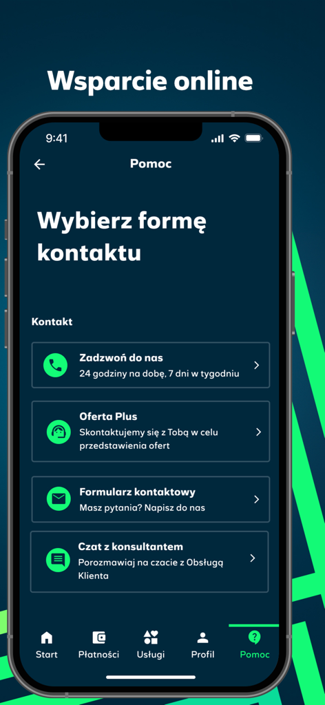 iPlus app help screen showing various contact options like phone support, chat with a consultant, and a contact form.