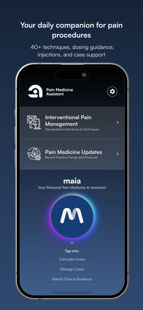 NYSORA Pain Medicine Assistant - Interface of the NYSORA Pain Medicine Assistant app featuring interventional pain management tools and the MAIA AI assistant