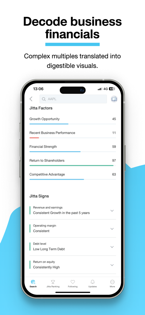 Jitta: Value Investing Intel - Interfaz de una aplicación móvil que muestra Jitta Factors y Jitta Signs para el análisis de acciones con indicadores visuales del rendimiento empresarial