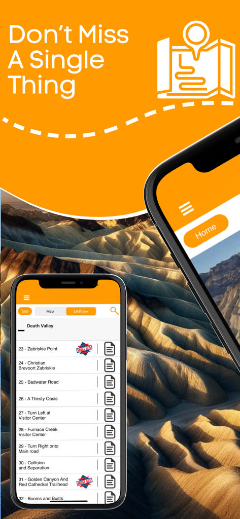 Death Valley audio guide app interface displaying a list of tour points and stops