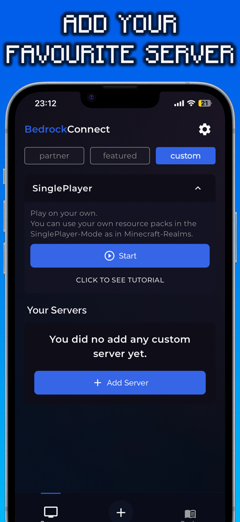 BedrockConnect app interface showing the screen to add custom Minecraft servers