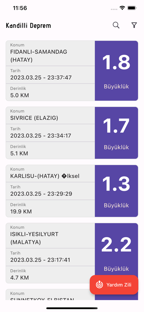 Kandilli Deprem - A mobile app screen showing a list of recent earthquakes in Turkey with locations magnitudes and depths
