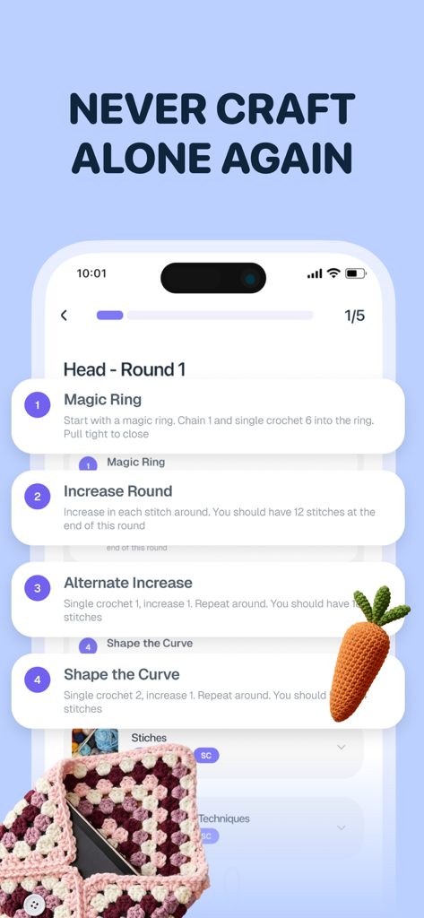 CraftBook: Crochet Made Easy - Interfaz de la aplicación CraftBook mostrando instrucciones paso a paso de crochet y una zanahoria amigurumi.