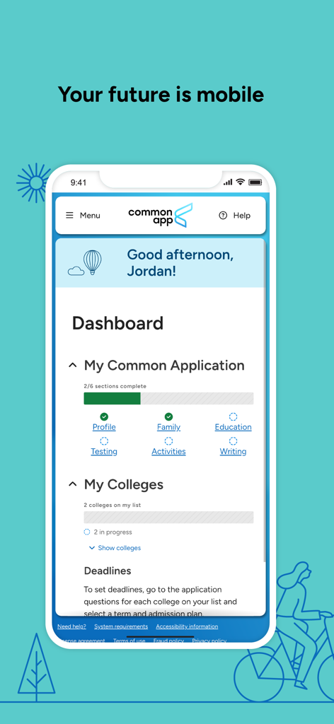 Common App - Common App mobile interface showing the student application dashboard and progress indicators