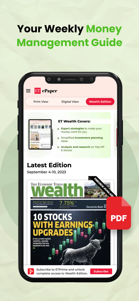 Economic Times Newspaper App - The Economic Times ePaper app interface highlighting the Wealth Edition for weekly money management and investment insights.