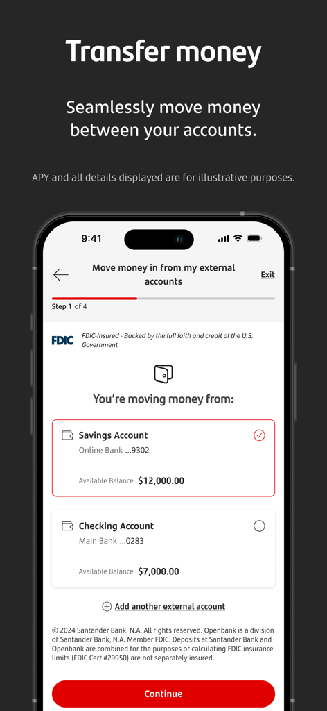 Openbank U.S. mobile app screen showing the process of transferring money from an external savings or checking account with FDIC insurance information.