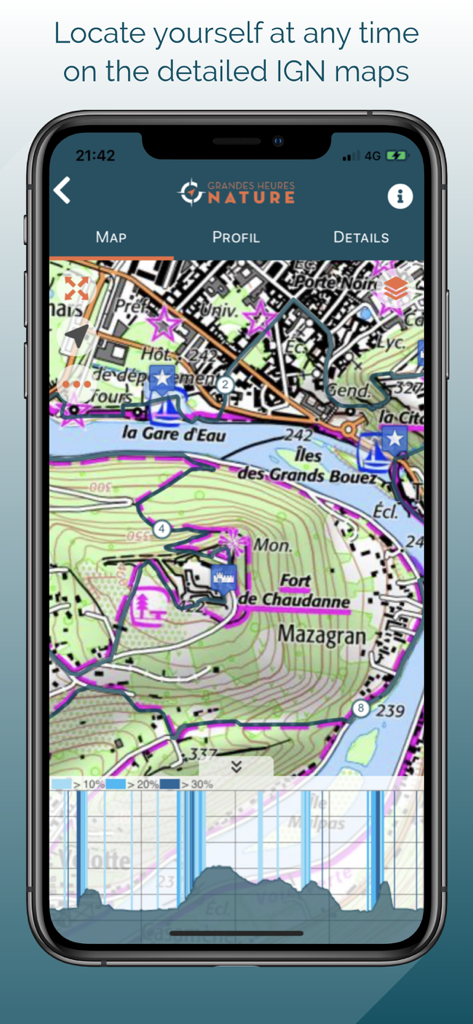 Screenshot dell'app Besançon Grandes Heures Nature che mostra una mappa IGN dettagliata con percorsi all'aperto e dati topografici