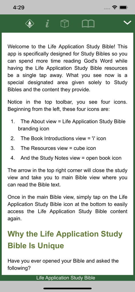 Welcome screen of the Life Application Study Bible app explaining the navigation icons and interface.
