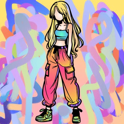 girl in baggy pants crop top and long hair