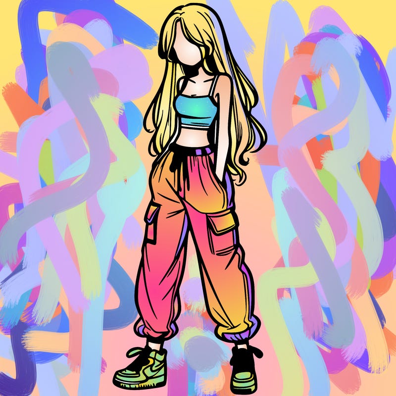 girl in baggy pants crop top and long hair