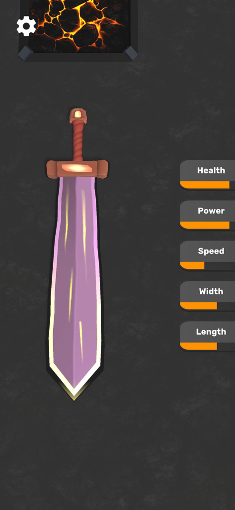A purple glowing sword with progress bars for health power speed width and length in the Sword Melter game.
