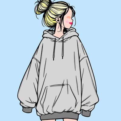 realistic girl with a oversized sweatshirt on and a bun