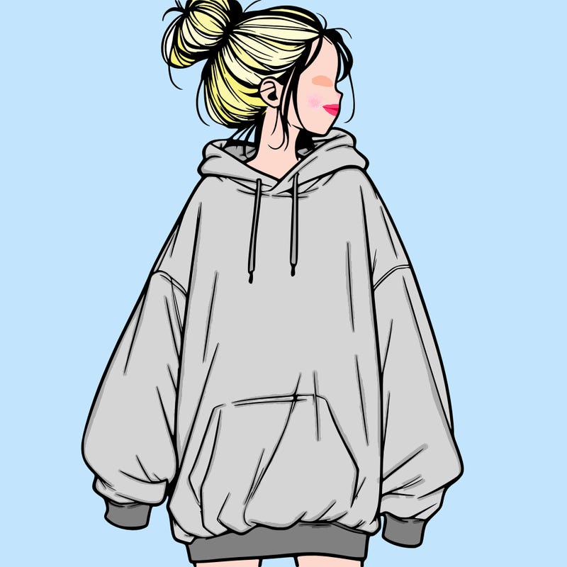 realistic girl with a oversized sweatshirt on and a bun