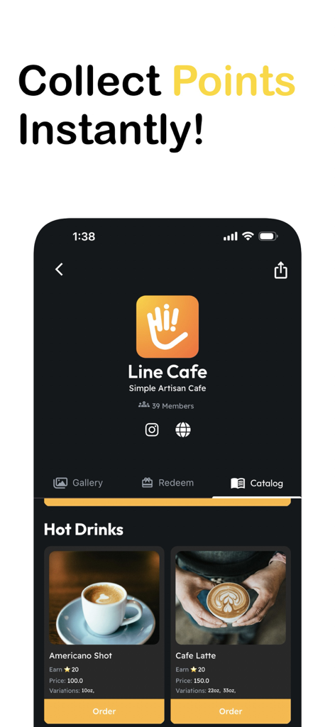 Hi Perks loyalty app screen showing cafe reward points and hot drinks menu