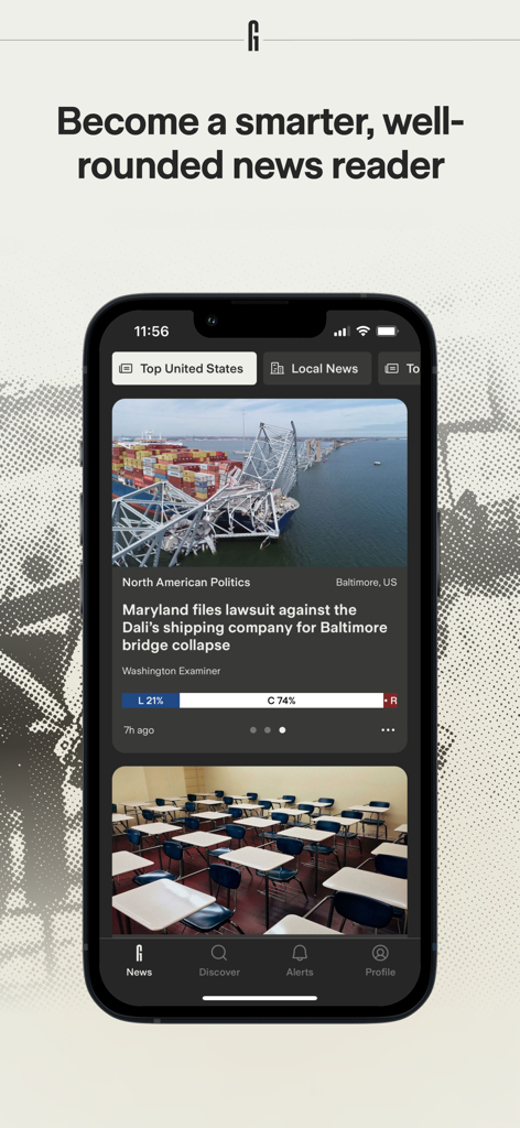 The Ground News app interface showing news articles with a media bias bar.