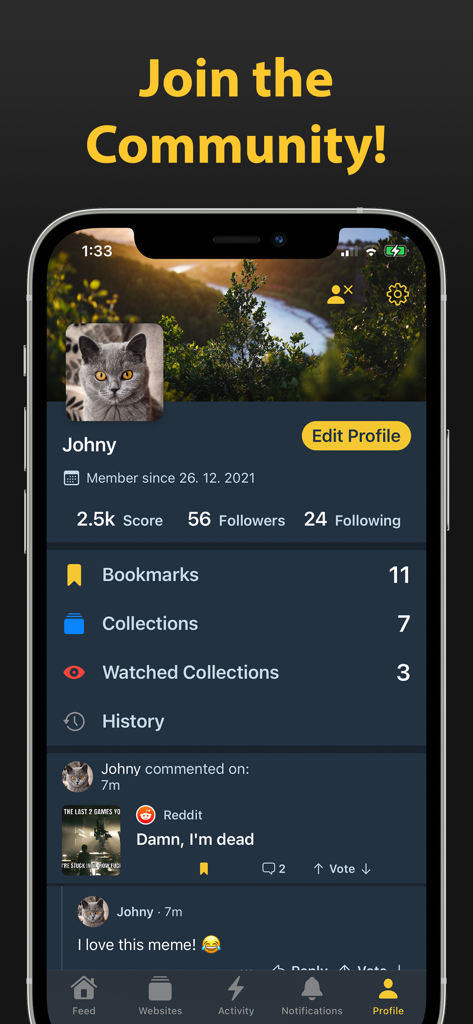 Sigma: Your Feeds United - User profile interface in the Sigma app showcasing followers bookmarks and community activity.