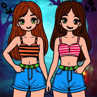 two sisters with crop tops and jean shorts and straight hair
