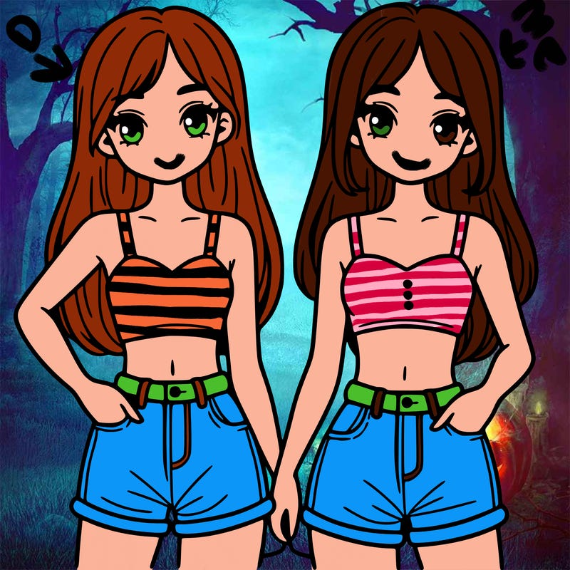 two sisters with crop tops and jean shorts and straight hair