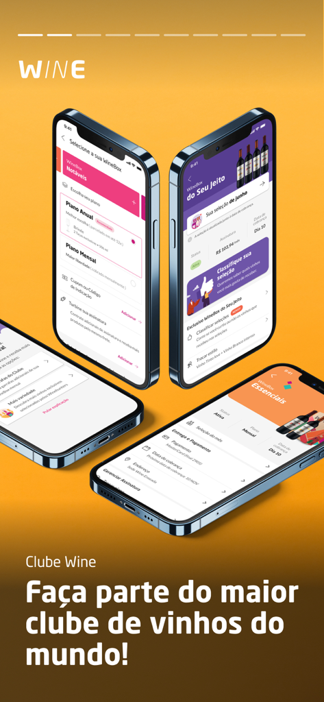 Four smartphones displaying the Wine app interface for subscription plans and wine selection