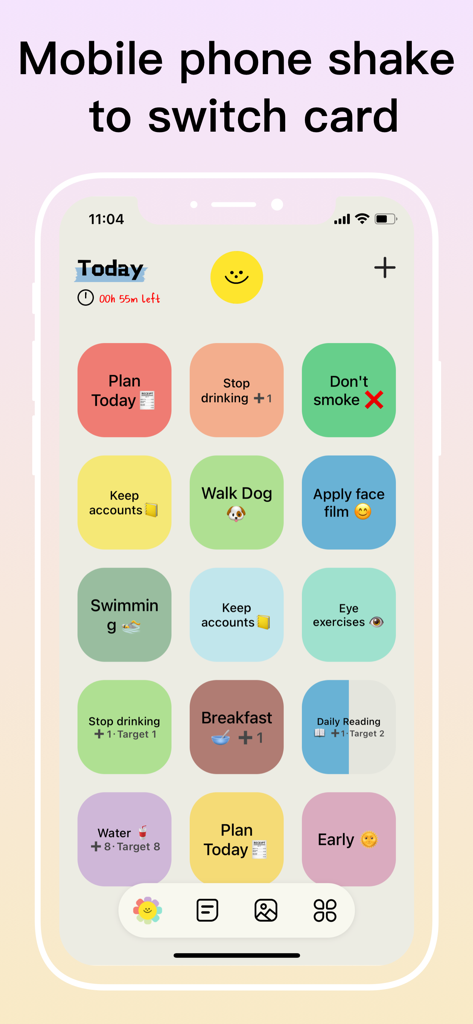 A colorful grid of aesthetic task cards within the Smile Todo habit tracker app showing daily goals and a shake to switch card feature.