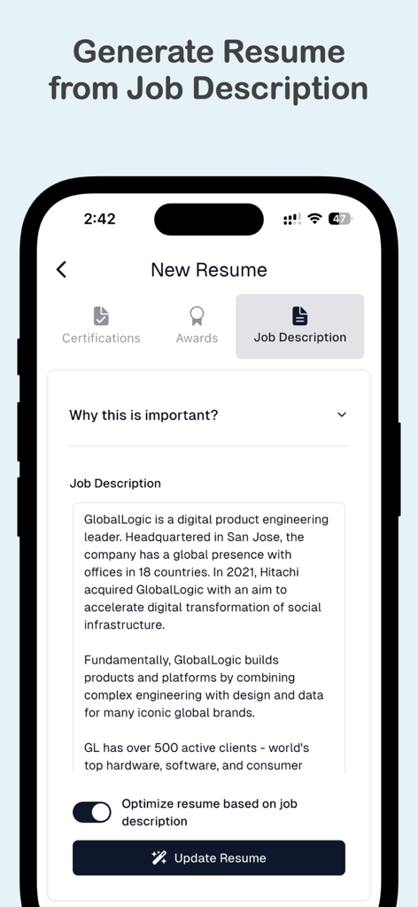 Mobile App-Bildschirm, der die Funktion zur Generierung und Optimierung eines Lebenslaufs basierend auf einer bestimmten Stellenbeschreibung für die ATS-Kompatibilität zeigt.
