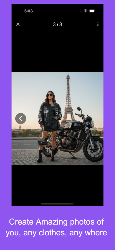 Dress Me AI - Outfits Try On - AI-generated photo of a woman in a black outfit and jacket standing by a motorcycle with the Eiffel Tower in the background