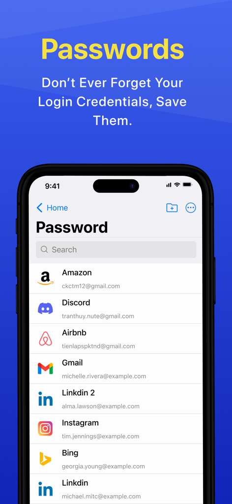 Photo Vault & App Lock Safedoc - Bóveda de contraseñas de SafeDoc que muestra una lista de credenciales de inicio de sesión de cuentas guardadas