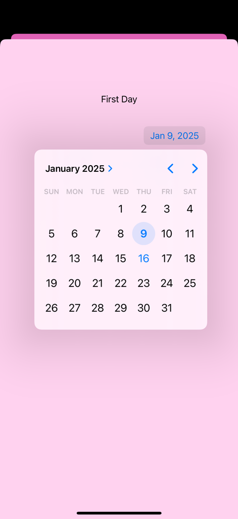 iFertile App-Kalenderschnittstelle, die den Januar 2025 zeigt, mit dem 9. Januar als erstem Tag ausgewählt.