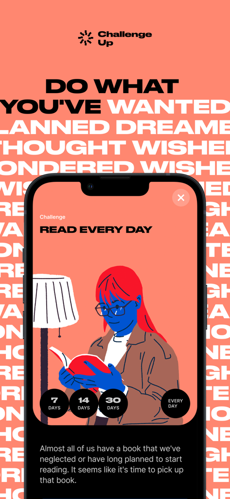 Interface of ChallengeUp app featuring a daily reading habit challenge with a stylish illustration