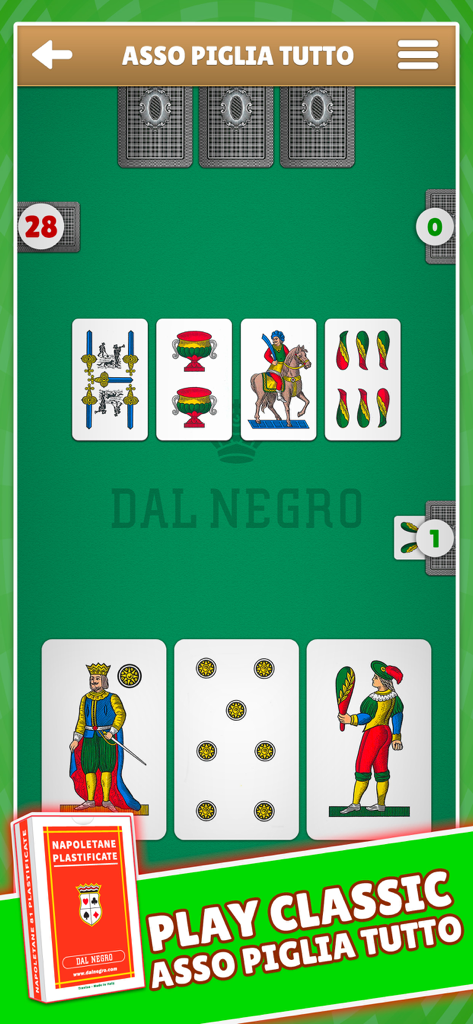 Asso Piglia Tutto Dal Negro - Jogabilidade de Asso Piglia Tutto mostrando cartas regionais italianas tradicionais em uma mesa digital verde.