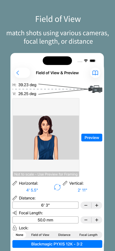 pCAM Pro - Film+Digital - Blackmagic 카메라에 대한 시야각 및 미리보기 도구를 보여주는 pCAM Pro 앱 인터페이스.