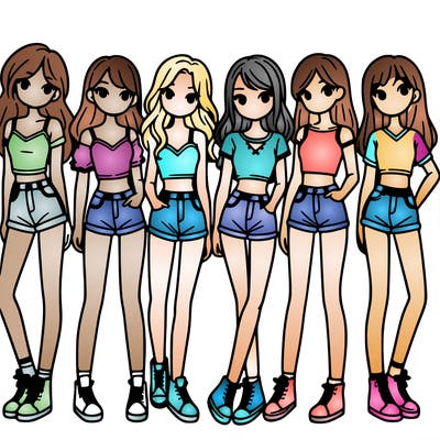 a group of girls wearing crop tops and shorts