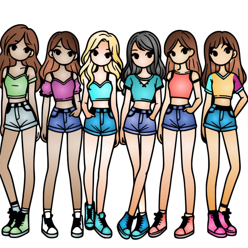 a group of girls wearing crop tops and shorts