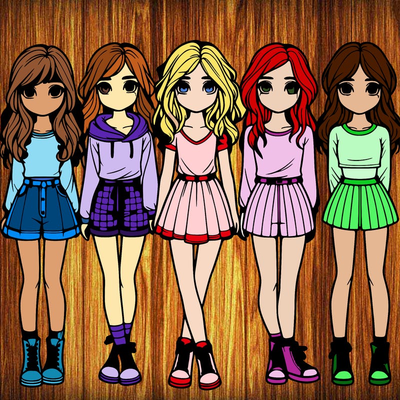 group of 6 realistic girls in a row