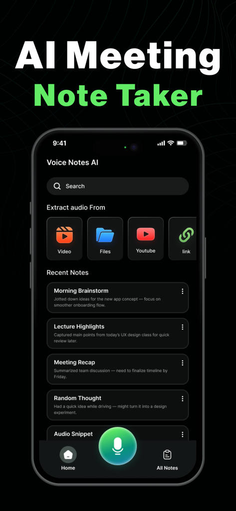 AI Note Taker- Meeting Minutes - Interface of AI Note Taker app showing options to transcribe audio from video files and YouTube links
