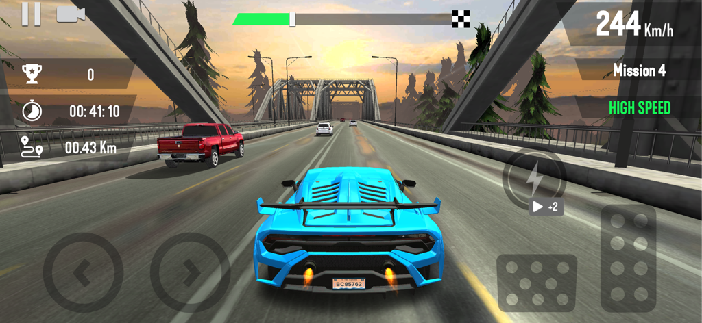 A blue sports car racing at high speed on a highway bridge at sunset in a car simulator game.