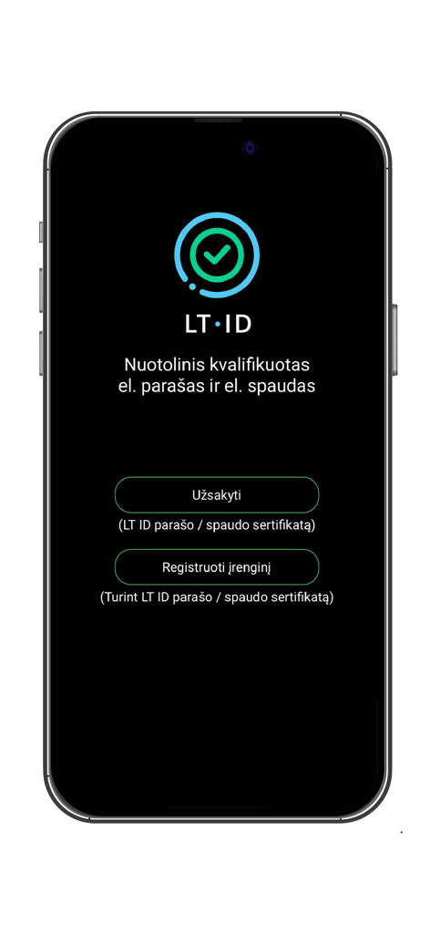 The home screen of the LT ID mobile app featuring options for remote qualified electronic signatures and device registration on a black background