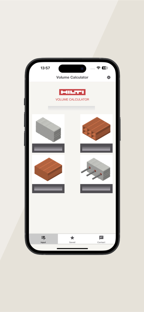 Hilti Volume Calculator - Hilti Volume Calculator app home screen showing material selection for concrete and masonry anchors.