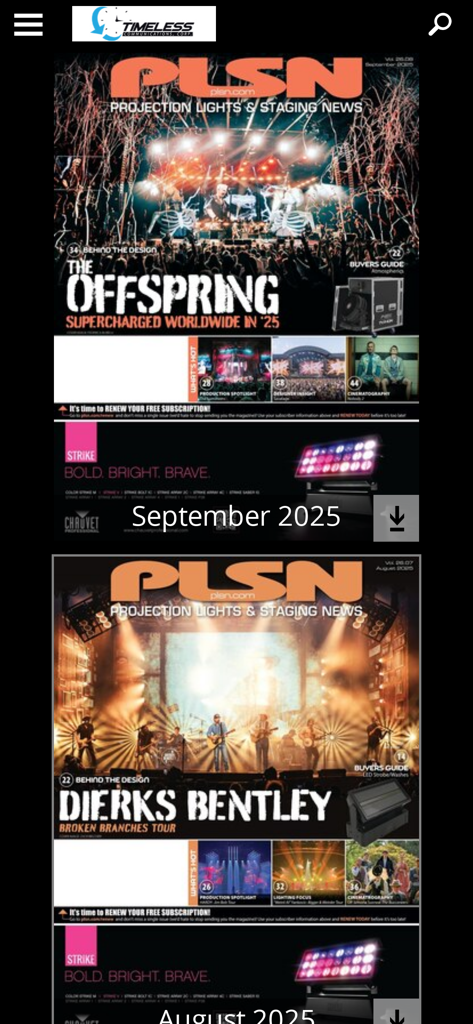 PLSN - PLSN mobile app interface showing a list of digital magazine issues with concert covers and download options