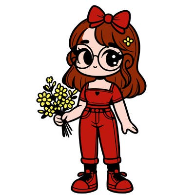 1 girl holding flowers wearing a croc top and jeans with cute glasses and trainers and a bow in her hair