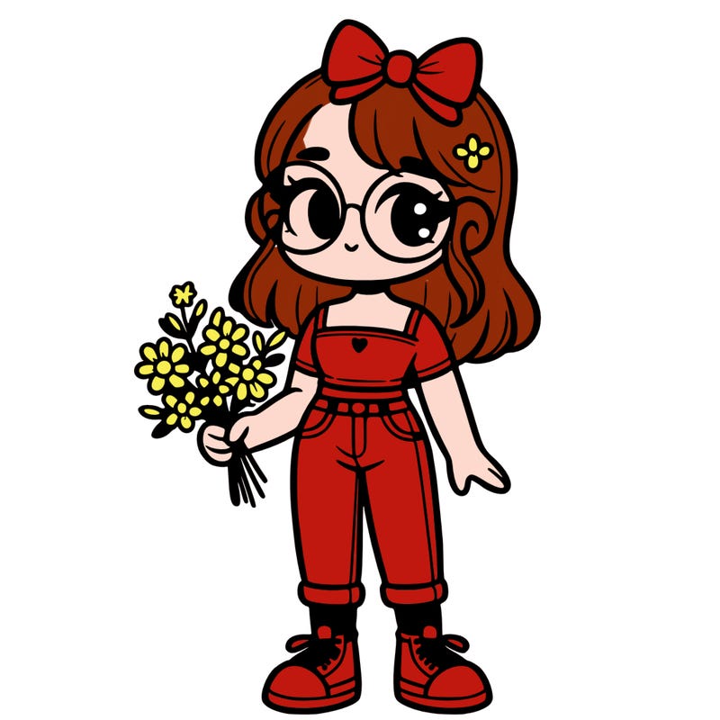 1 girl holding flowers wearing a croc top and jeans with cute glasses and trainers and a bow in her hair