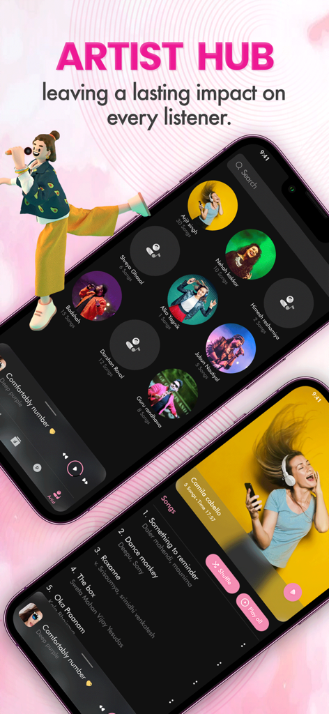 offline music player - songs - Interfaz de una aplicación reproductor de música sin conexión que muestra el centro de artistas y una lista de canciones con un tema oscuro