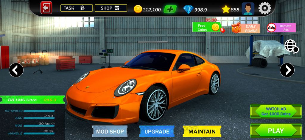 Race Master 3D - Car Game - Carro esportivo laranja na garagem de personalização do Race Master 3D