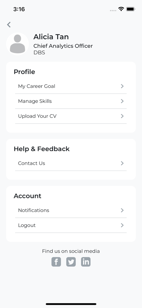 Talented - L'écran de profil utilisateur de l'application Talented comprenant les paramètres d'objectifs de carrière et la gestion des CV