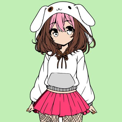 pretty anime girl wearing a fluffy hoodie with bunny ears on the hood and a skirt