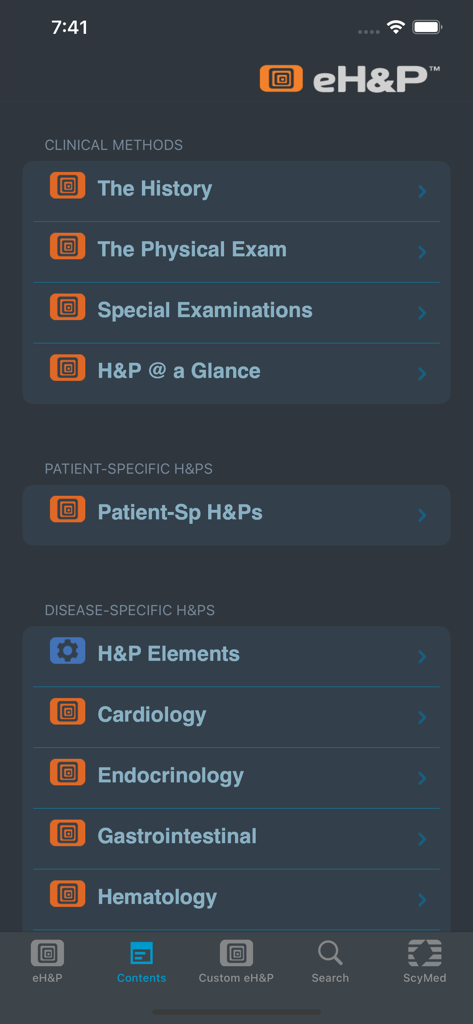 eH&P™ - eH&Pアプリのメインコンテンツ画面、臨床方法および疾患別病歴・身体診察テンプレートを表示