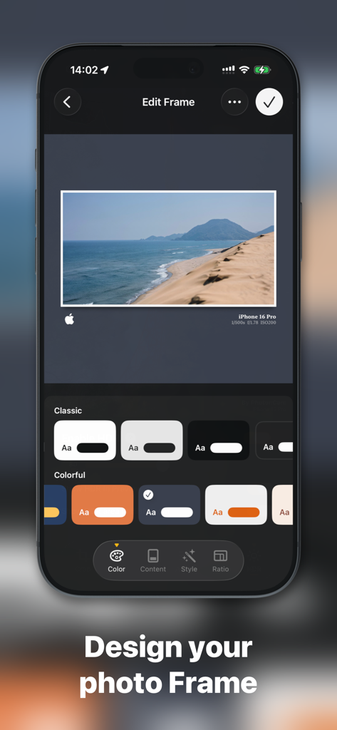 PhotonCam: Extendable Pro Cam - Interfaz para diseñar marcos de fotos personalizados con metadatos de cámara en PhotonCam