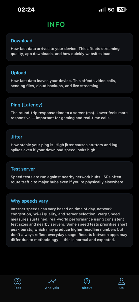 Pantalla de información que explica descarga, carga, ping y jitter en la aplicación Warp Speed