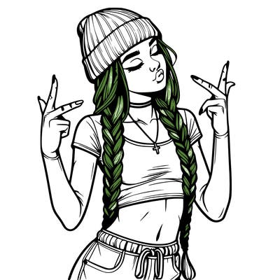 realistic teenage girl with braids and a beanie and crop top doing 🫶🏼
